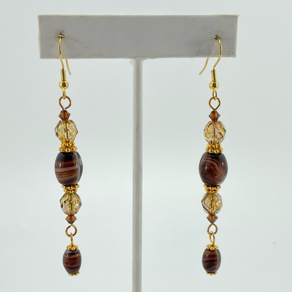 Art Glass Dangle Earrings, Handmade, Vintage Brown Swirl Beads, Crystals, BoHo - Picture 1 of 10